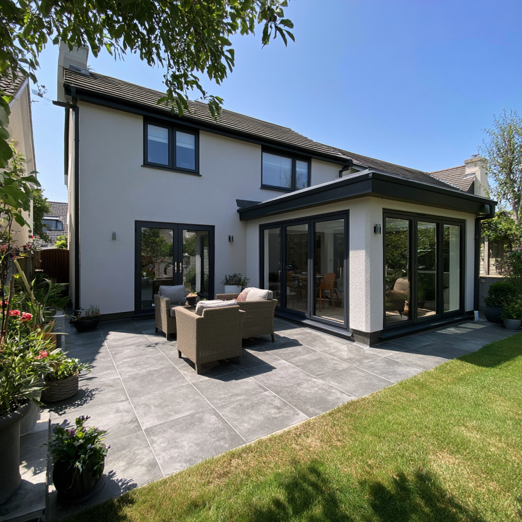 White rendered single-storey rear house extension with grey patio and bi-fold doors in Hertfordshire