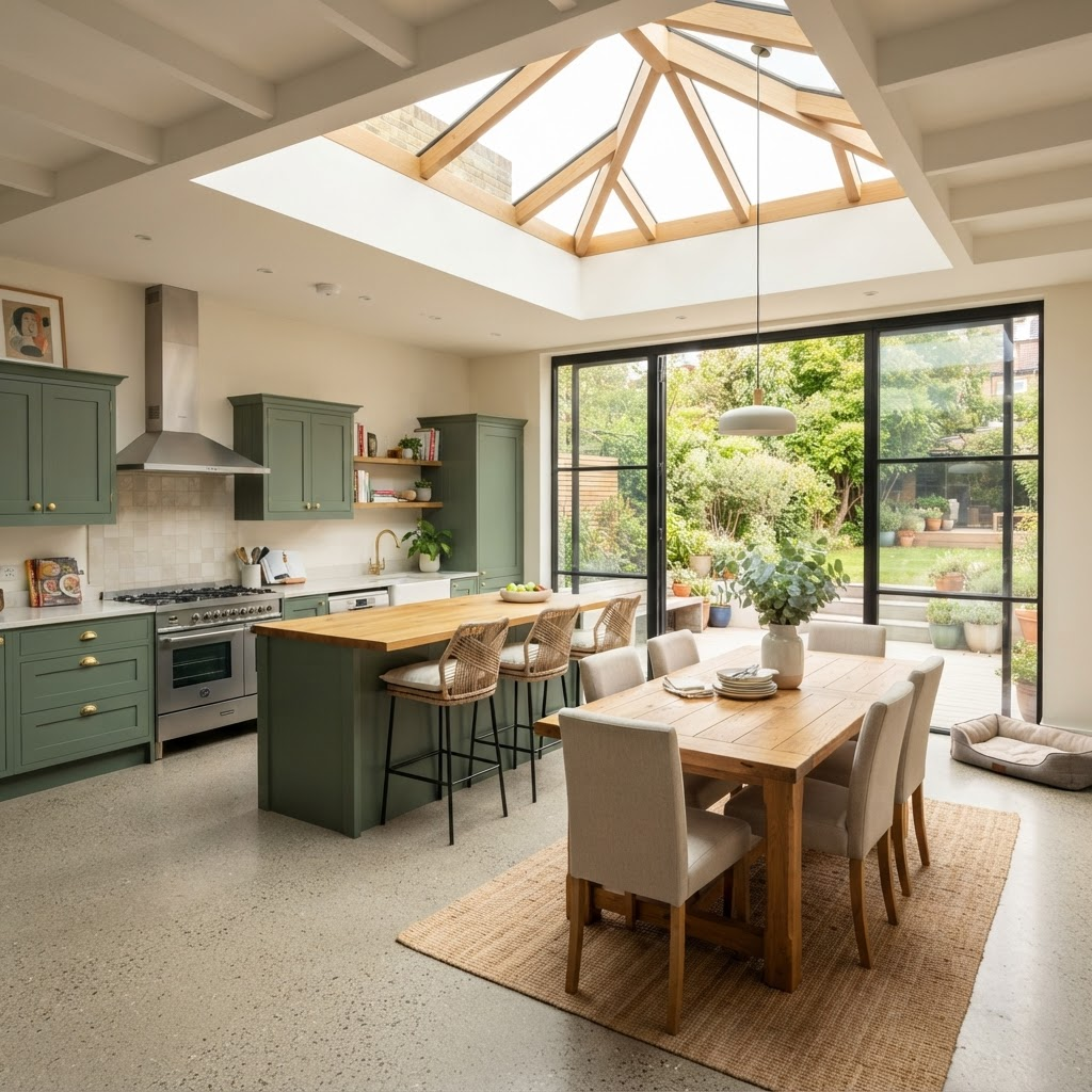 A bright open-plan kitchen diner inside a completed house extension with a large roof lantern
